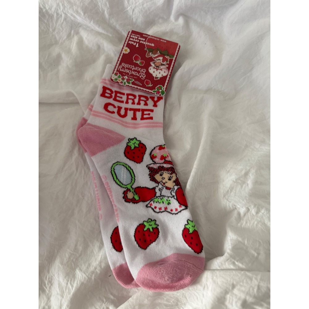 Strawberry Shortcake Berry Cute Pink White Quarter Crew Socks One Size NWT